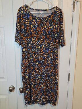 LuLaRoe Navy Blue Tee Dress with Orange and Yellow Accents